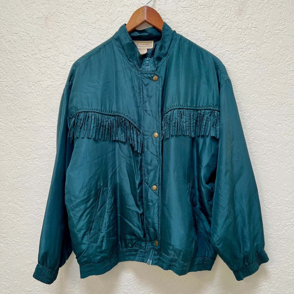 Silk Exchange Vintage Teal Fringe Western Bomber Jacket Women M Boho Cowgirl 90s